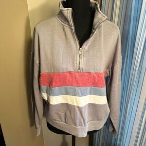 Hippie Rose Women’s Zip-Up Sweatshirt in Light Gray with Pink & Blue Stripes